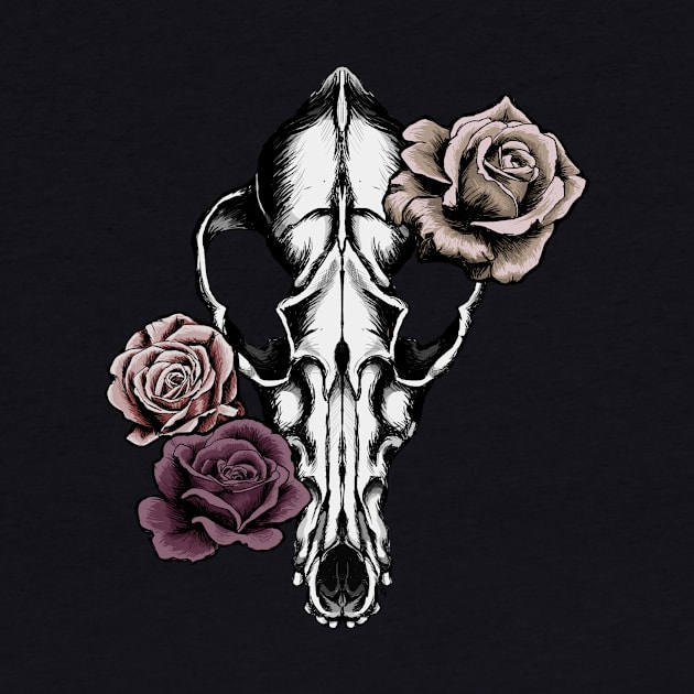 Coyote Skull and Roses by inkdust